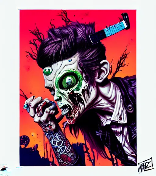 Image similar to a zombie punk rocker playing electric guitar, tristan eaton, victo ngai, artgerm, rhads, ross draws