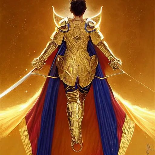 Image similar to Lionel Messi wearing a beautiful golden armor, D&D, fantasy, intricate, elegant, highly detailed, digital painting, artstation, concept art, matte, sharp focus, illustration, art by Artgerm and Greg Rutkowski and Alphonse Mucha