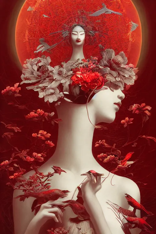 Prompt: breathtaking detailed red gardian mao baby in glace sphere free thibet concept art painting art deco pattern of birds goddesses amalmation flowers, by hsiao ron cheng, tetsuya ichida, bizarre compositions, exquisite detail, extremely moody lighting, 8 k