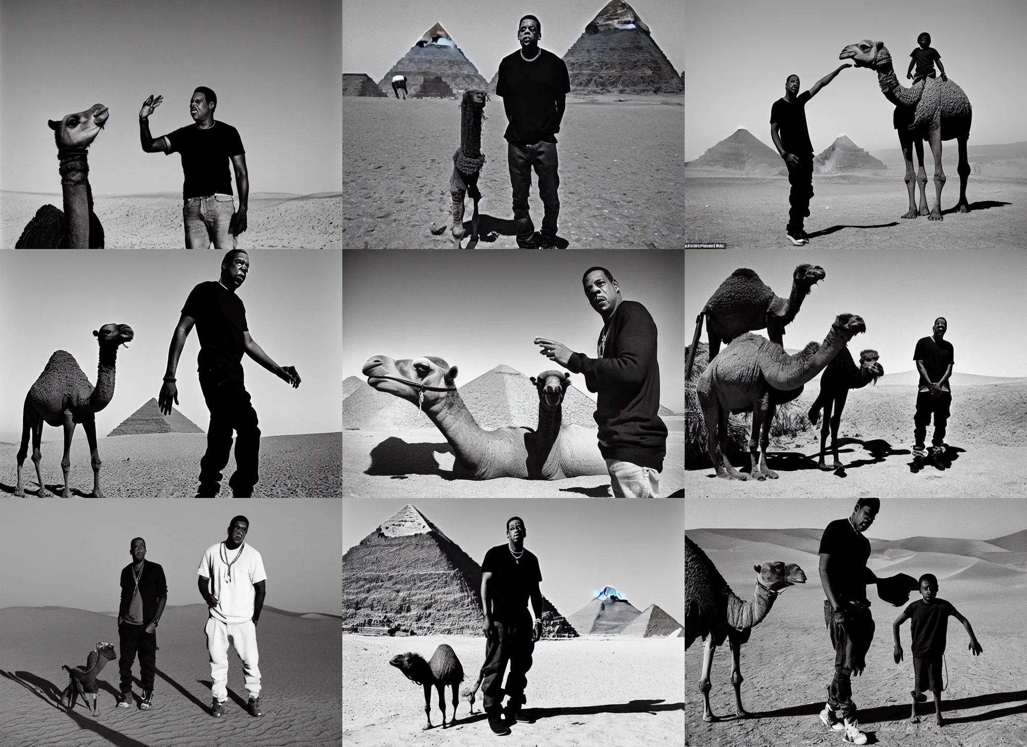 Prompt: jay - z, jay - z wearing a black t - shirt and skinny jeans, standing next to a camel, sand desert, pyramids in background, photography by helen levitt, good lighting, no blur, close up shot