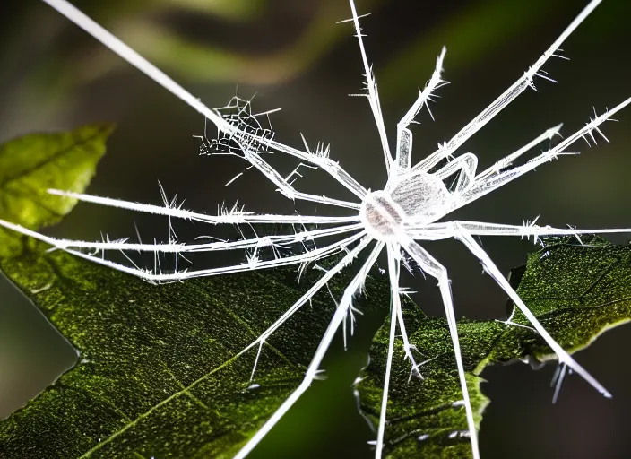 Image similar to super macro of a clear white crystal spider with cybernetics, in the forest. Fantasy magic style. Highly detailed 8k. Intricate. Nikon d850 300mm. Award winning photography.