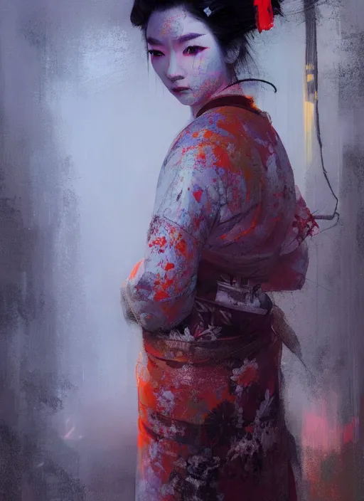 Image similar to female geisha girl, beautiful face, neon, rule of thirds, intricate outfit, spotlight, by greg rutkowski, by jeremy mann, digital painting