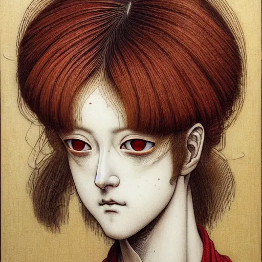 Image similar to prompt: Portrait painted in renaissance style drawn by Katsuhiro Otomo and Takato Yamamoto, inspired by Fables, china doll face, smooth face feature, intricate oil painting, high detail, sharp high detail, manga and anime 2000