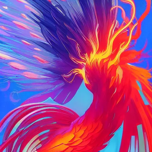 Prompt: flaming phoenix, vibrant pink and blues, close up profile of a fuzzy, flowery, elegant, vibrant colour palette, bokeh, digital art, alphonse mucha, rhads, ross tran, artstation, artgem, octane render, 1 6 k