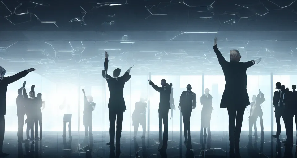 Image similar to Dramatic photo of a CEO waving goodbye to a group of silhouettes of his coworkers in a futuristic office. Golden coins are levitating all around them. 8k, high detail, trending on Artstation, volumetric lighting, cyberpunk