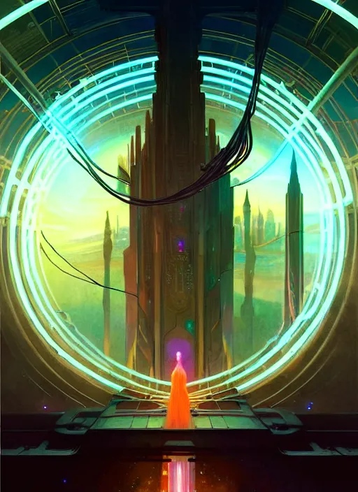 Image similar to high depth, collective civilization travel, calm, healing, resting, life, hybrids, scifi, glowing lights!!, published concept art, mixed medias, image overlays, sharp focus, thin glowing wires, winning illustration, art by greg rutkowski and alphonse mucha, singularity!!!, 3 6 0 projection