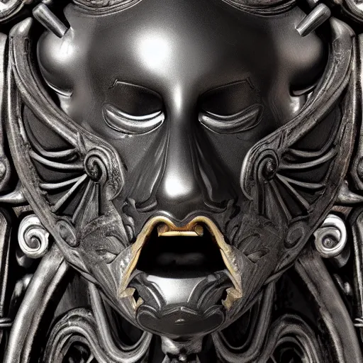 Image similar to an ominous dark ancient mask. hyper - detailed. gothic baroque. symmetric. epic. unreal render.