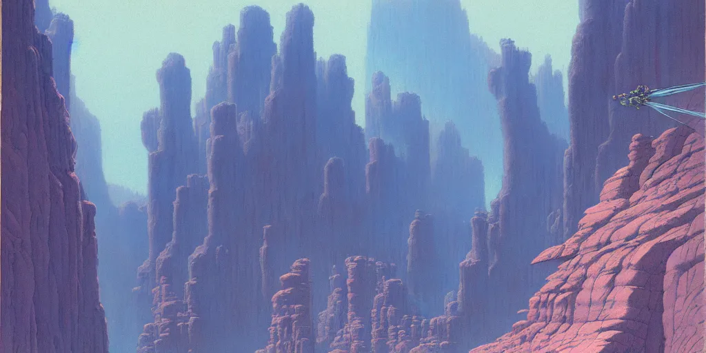 Image similar to grainy matte painting of gigantic huge mech with huge swords, pastel matte colors, staying in the toxic blue canyon, by moebius, hyperrealism, intricate detailed