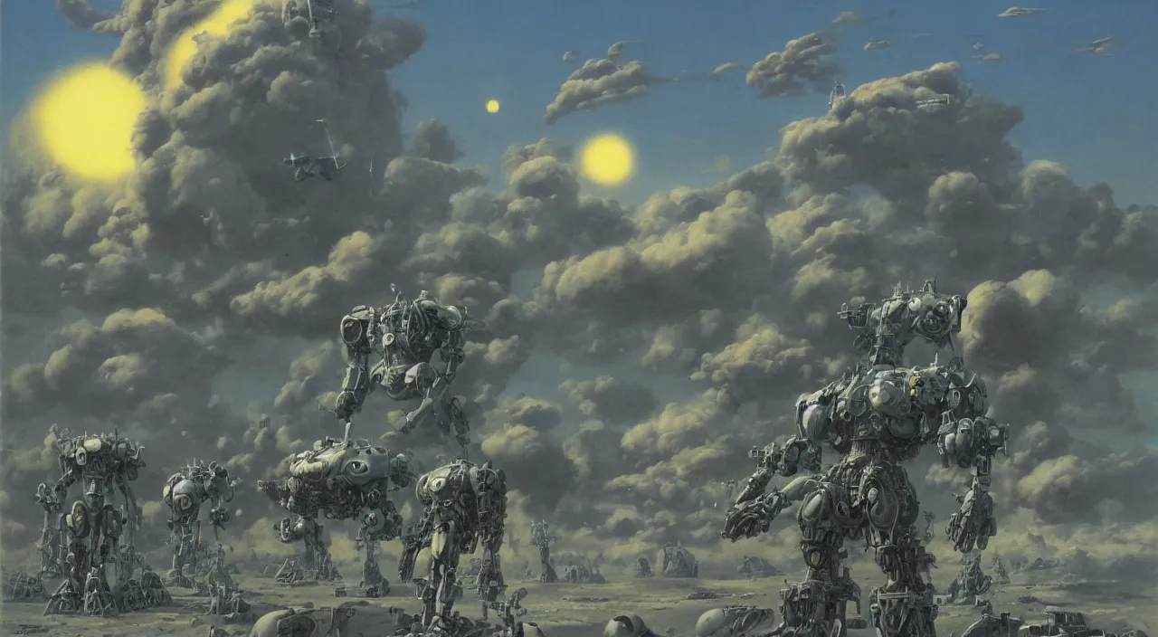 Image similar to The mecha warrior battle of 2300, highly detailed, 8k, mushroom cloud in distance, distant blue planet in the sky, by Zdzisław Beksiński