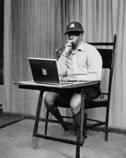 Prompt: a photo of a young man with a cigar on the mouth writing on the laptop while sitting on a chair, he has headphones and a red cap, wears a watch,
