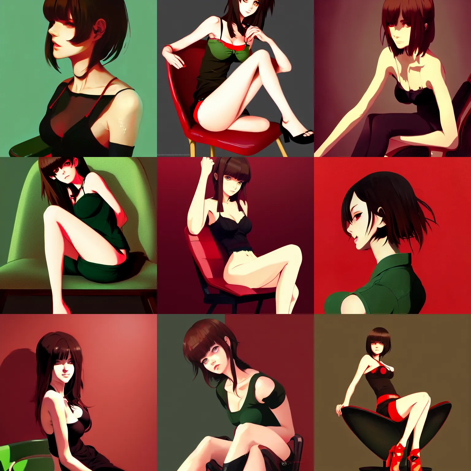 Prompt: sexy girl with brown hair and green eyes, wearing a camisole, sitting on a chair, red and black color palette, in the style of and ilya kuvshinov and greg rutkowski, high quality anime artstyle, intricate