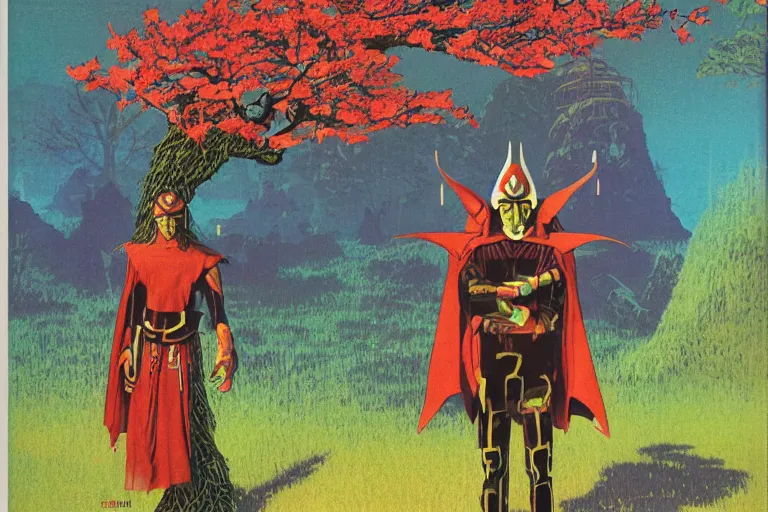 Image similar to 1979 OMNI Magazine Cover of a Druidic elf with armor by a cherry tree in Neo-Kyoto in cyberpunk style by Vincent Di Fate