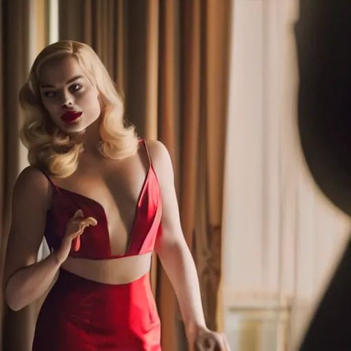 Prompt: Margot Robbie as Jessica Rabbit, still from a live action movie, 50mm, f2.8, panavision, cinematography