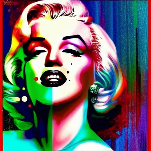 Prompt: surreal Marilyn Monroe covered in chromatic abberations mysterious place, beautiful, pscychodelic, trending on artstation, artwork by Nicolas Winding Refn