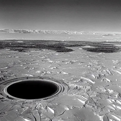 Prompt: land depression within antartica is lush and green inside the valley, secret photograph of declassified ufo base in antarctica, operation highjump, black and white recolored, 4 k