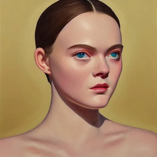 Prompt: professional painting of Elle Fanning in Santorini in the style of George Tooker, head and shoulders portrait, symmetrical facial features, smooth, sharp focus, illustration, intricate, stormy weather, extremely detailed masterpiece,