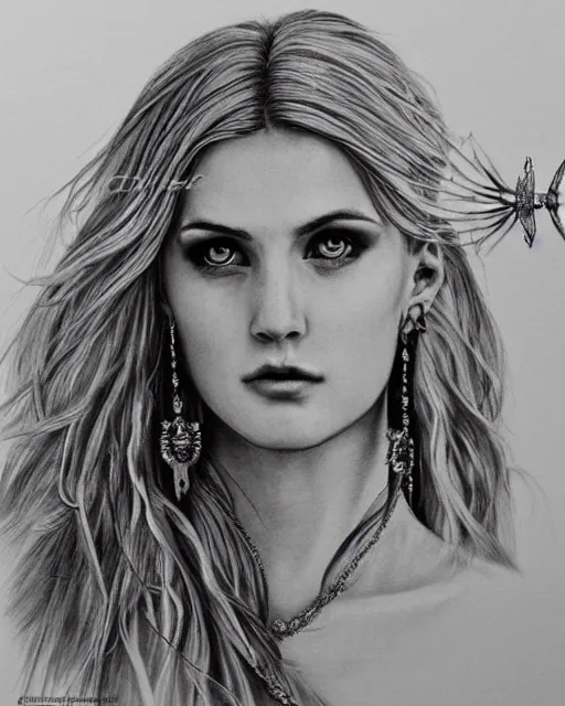 Image similar to pencil drawing of beautiful greek goddess aphrodite with arrowhead earrings and beautiful feather jewelry, beautiful piercing eyes, beautiful blonde hair flying in the wind, hyper realistic face, in the style of greg rutkowski, fantasy, amazing detail, epic, elegant, smooth, sharp focus, from the front