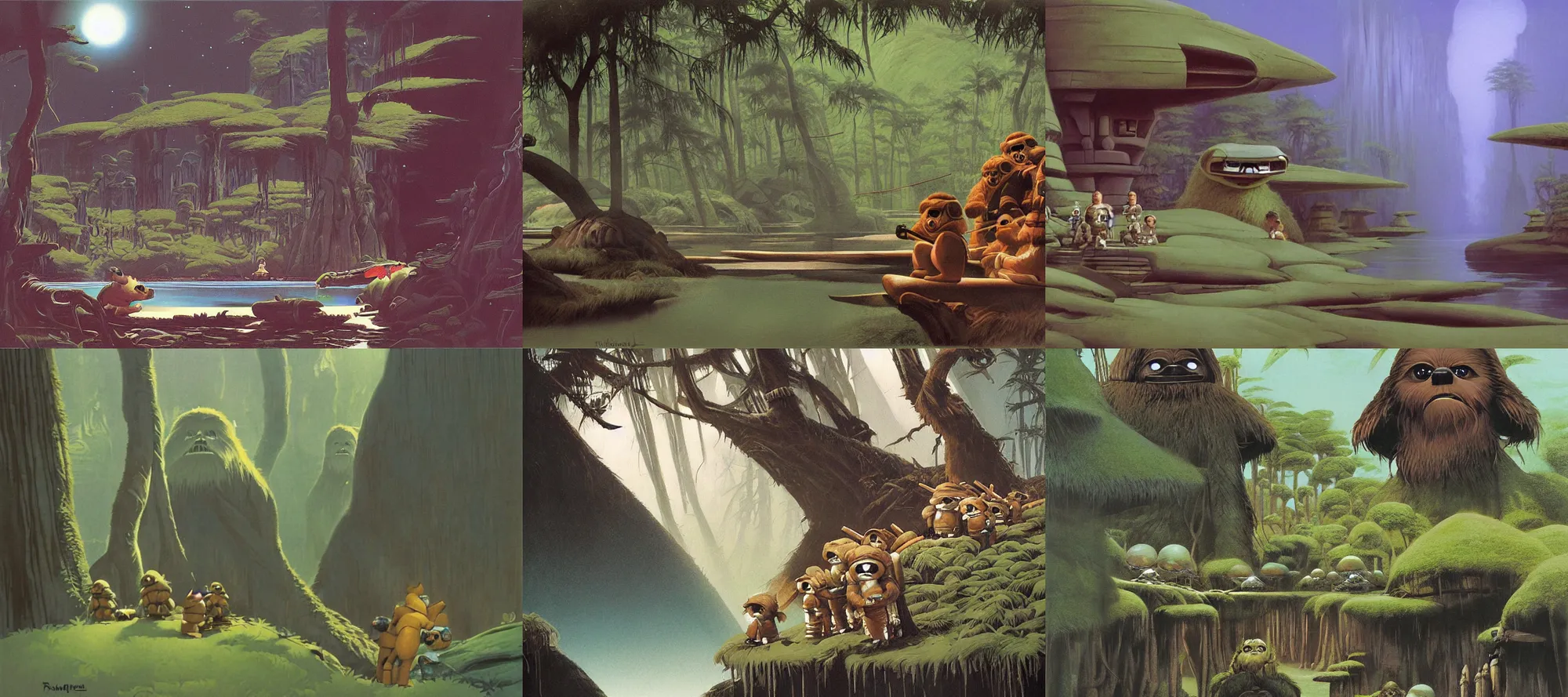 Prompt: ewok lake village, alien birds, painting by ralph mcquarrie