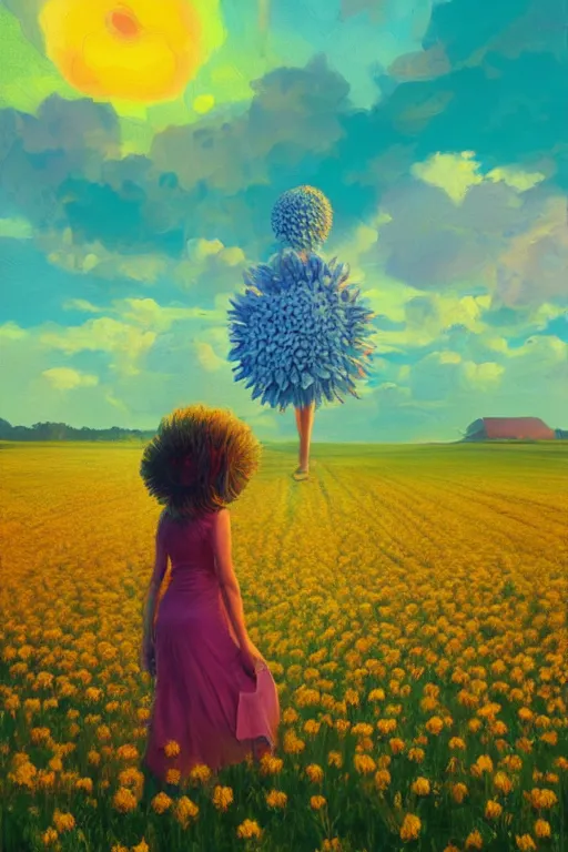 Image similar to giant corn flower head, girl walking in a flower field, surreal photography, sunrise, dramatic light, impressionist painting, colorful clouds, digital painting, artstation, simon stalenhag