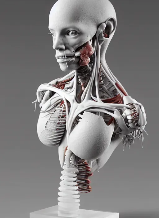 Image similar to a bust sculpture of anatomical female detailed cyborg, veins, ceramic base, orthographic, studio lighting