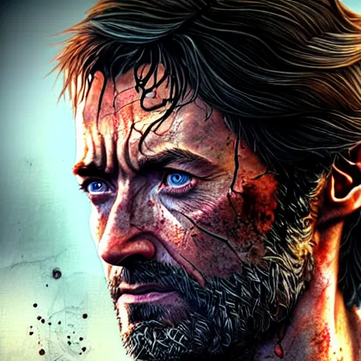 Image similar to beautiful digital art of hugh jackman as joel from the last of us, movie still from the last of us film, hdr, by artgerm