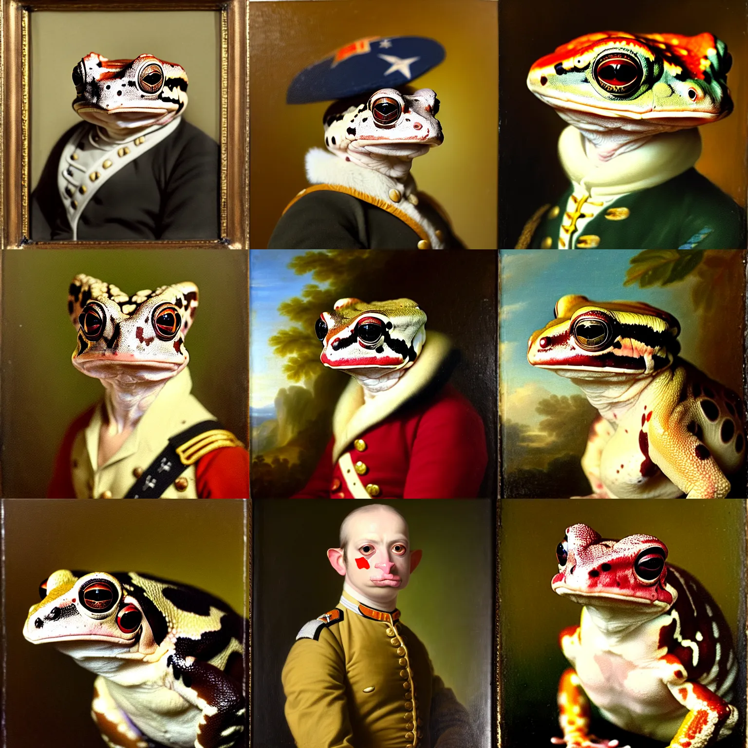 Prompt: a head - and - shoulders portrait of an amazon milk frog wearing a continental army uniform looking off camera, an american romanticism painting, oil on canvas, cgsociety, soft focus