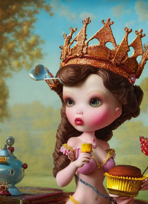 Prompt: highly detailed closeup, profile portrait of a tin toy fairytale princess wearing a crown eating cakes, bikini, unreal engine, nicoletta ceccoli, mark ryden, earl norem, lostfish, global illumination, detailed and intricate environment