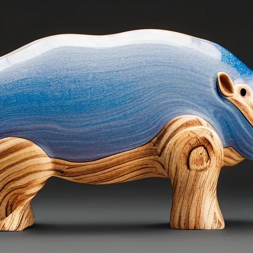 Prompt: a photo of a model hippo made of repurposed elm wood composite mixed with straight lines blue epoxy! resin, full subject shown in photo, wood, epoxy resin, studio zeiss 1 5 0 mm f 2. 8 hasselblad, award - winning photo, dramatic lighting