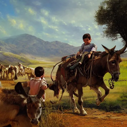 Prompt: a young boy kurdish shephard riding a donkey herding cows in the kurdish mountains art by martin ansin, highly detailed, 8 k, high resolution, award winning art, incredibly intricate