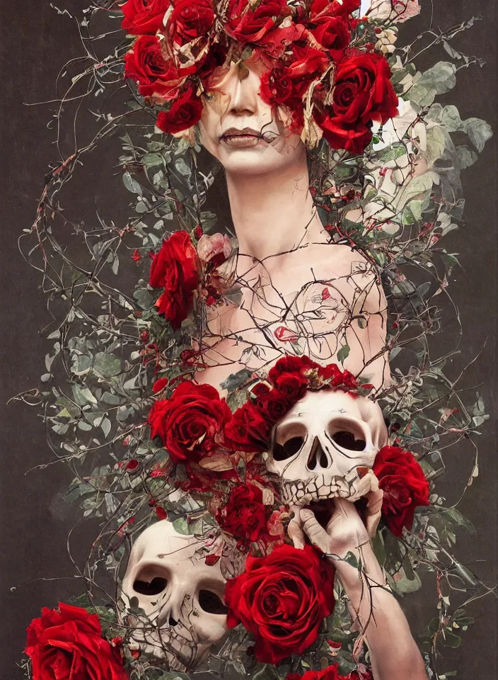 Prompt: transparent woman in a mask of a bird\'s skull with a wreath of roses, dressed in a dress of red boiling liquid wax, from under which the bones of the skeleton are visible, flying around the bird, buds and rose petals, dark background, epic, wide angle painted by Caravaggio, Greg rutkowski, Sachin Teng, Thomas Kindkade, Alphonse Mucha, Norman Rockwell, Tom Bagshaw.