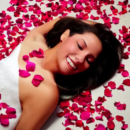 Image similar to a pretty woman lying in a bed that's covered in rose petals,