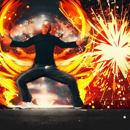 Image similar to man hitting the ground creating a explosion, anime, album cover, musical notes