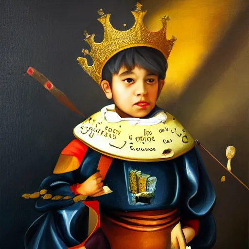 Image similar to a highly detailed oil painting of an 8 year old king ruling a cheese kingdom where everything is made from different types of cheese, surreal, 4 k, trending on art station, in the style of caravaggio and comic book style