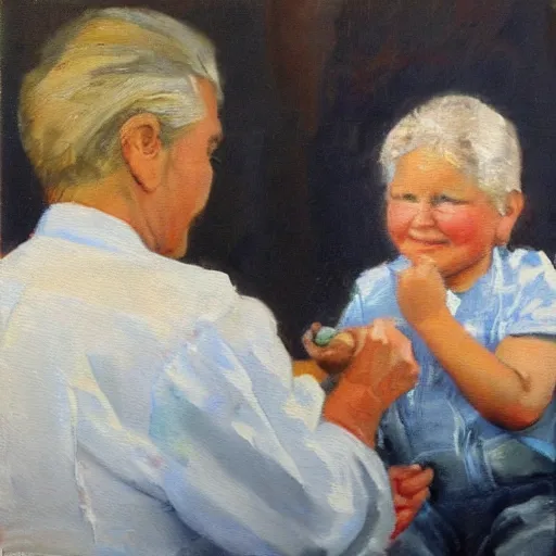 Prompt: child giving old people economic advice oil painting