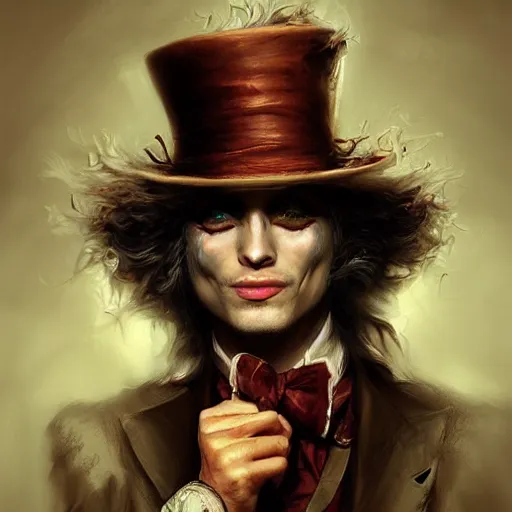Prompt: The Madhatter, digital painting, lots of details, extremely detailed, 4k, intricate, brush strokes, Artgerm, Bastien Lecouffe-Deharme