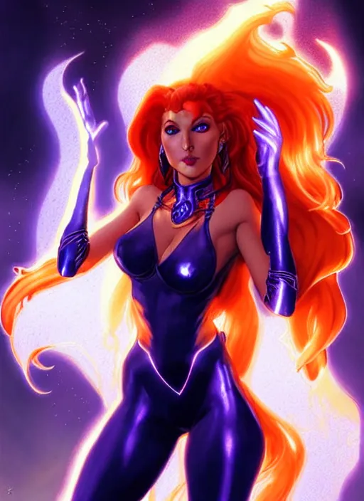 Image similar to front portrait hands behinds pose of attractive Starfire with ginger wavy hair using white gloves, hands behind her pose!, Intricate overlay flames imagery , D&D!, fantasy style, sharp focus!, ultra detailed, art by Artgerm and Peter Andrew Jones, WLUP