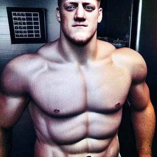 Image similar to “a realistic detailed photo of a guy who is an attractive humanoid who is half robot and half humanoid, who is a male android, football player JJ Watt, shiny skin, posing like a statue, blank stare”