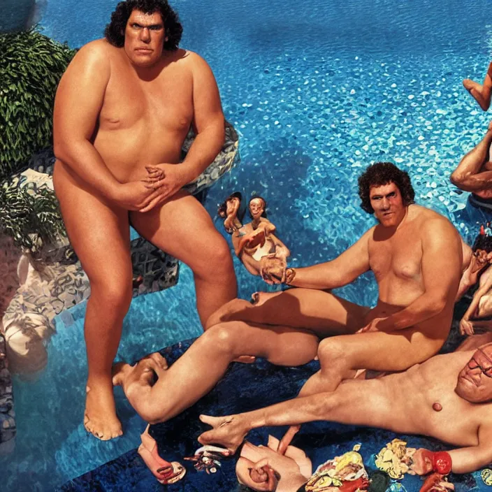 Image similar to andre the giant wearing a sequin speedo sitting by the pool with a goat and genghis khan from the movie bill & ted's excellent pool party, movie still, 8 k, realistic, highly detailed, art by todd mcfarlane, artgerm, greg rutkowski, alphonse mucha