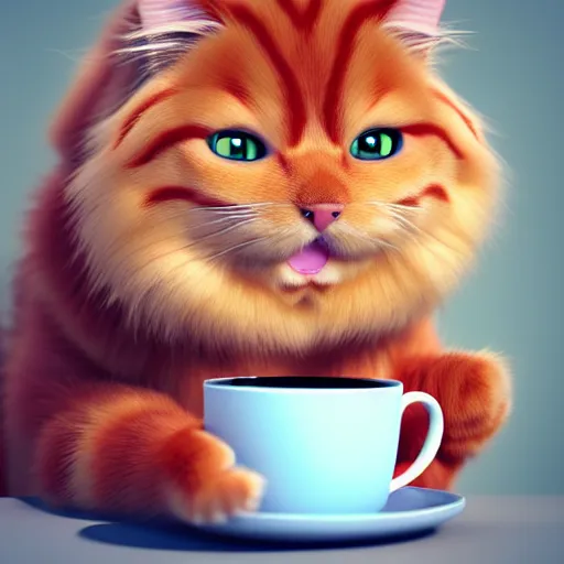 Prompt: cute fluffy fat ginger cat drinking coffee from a bowl, digital art, octane render, artstation, 4k, ultra detailed fur