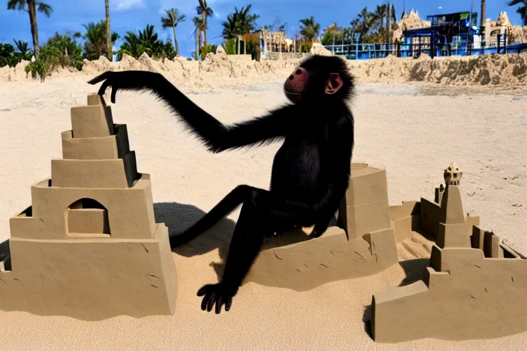 Image similar to a monkey touching a completed sand castle