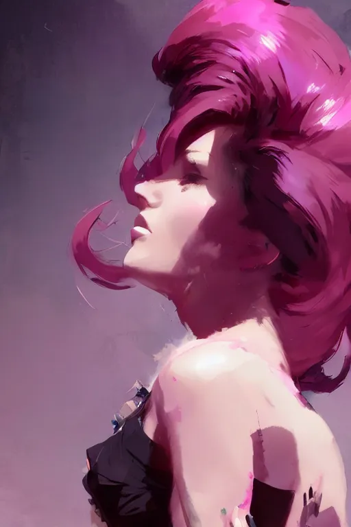 Image similar to A beautiful woman with professional makeup, with shoulder length mid-length magenta hair, dramatic lighting, dramatic atmosphere, subtle and detailed, by Dustin Nguyen, Akihiko Yoshida, Greg Tocchini, Greg Rutkowski, Cliff Chiang, 4k resolution, heavy contrast, trending on artstation