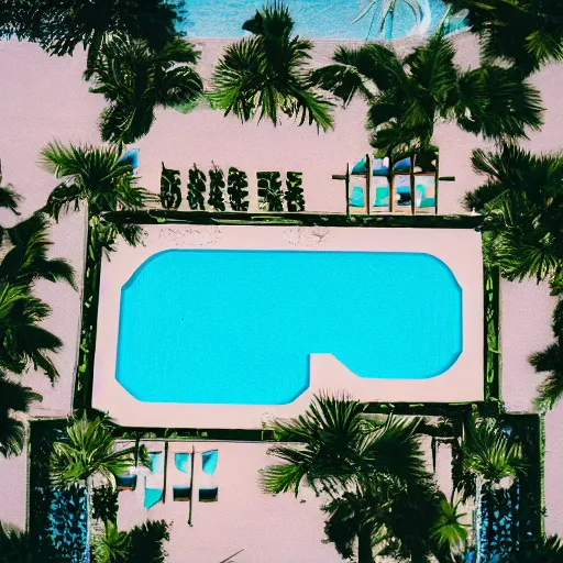 Image similar to aerial view of an elegant swimming pool, palm trees, kodak portra 4 0 0, vaporwave colors, faded effect, 9 0 s vibe, tropical vibe,