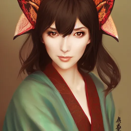 Image similar to A potrait of a beautiful, shapely woman with fox ears wearing a modest kimono from Skyrim, digital painting, by Stanley Artgerm Lau, WLOP, Rossdraws, LeraPi, and Sakimichan, digtial painting, trending on ArtStation, deviantart, SFW version