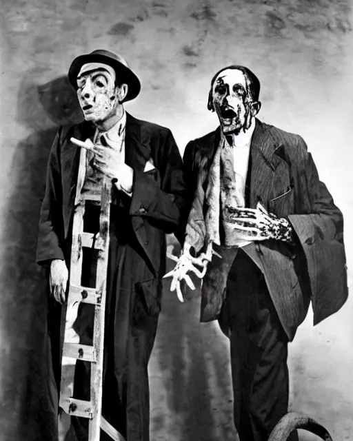 Image similar to Buster Keaton and Jimmy Durante as zombies, 1930' horror movie, Studio still
