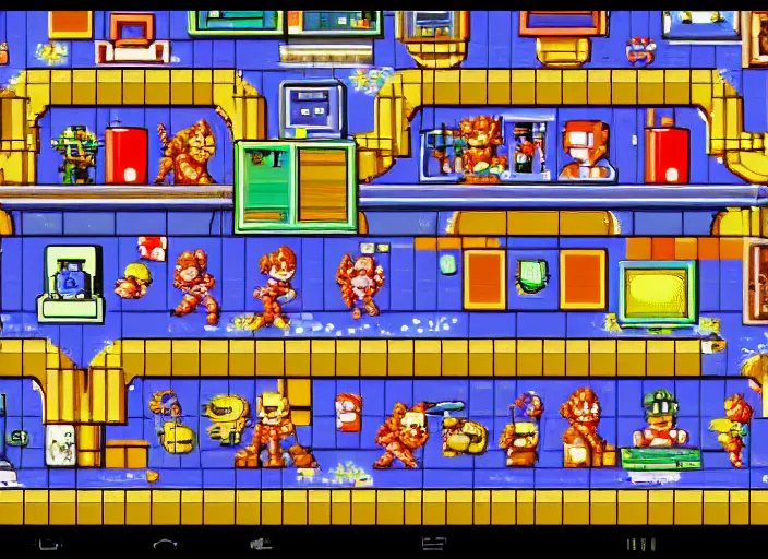 Image similar to screenshot of a 1 9 9 3 1 6 - bit snes mega man game stage - select screen consisting of a grid of 9 framed portraits of cute evil robots.