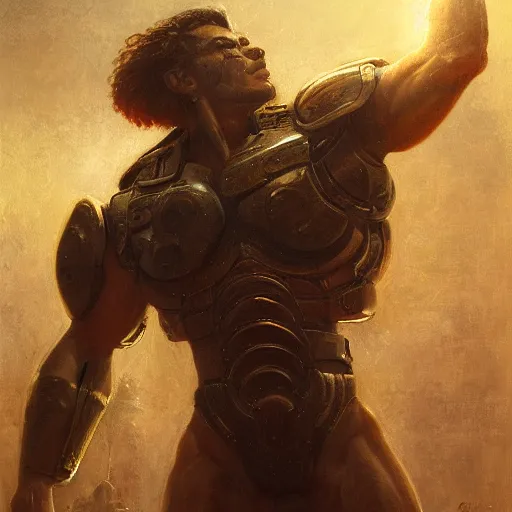 Image similar to handsome portrait of a spartan guy bodybuilder posing, radiant light, caustics, war hero, ghost in the shell, surrounded by astral plane, by gaston bussiere, bayard wu, greg rutkowski, giger, maxim verehin