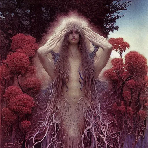 Image similar to forest spirit queen of jupiter by zdzisław beksinski, iris van herpen, raymond swanland, craig mullins and alphonse mucha. highly detailed, hyper - real, beautiful