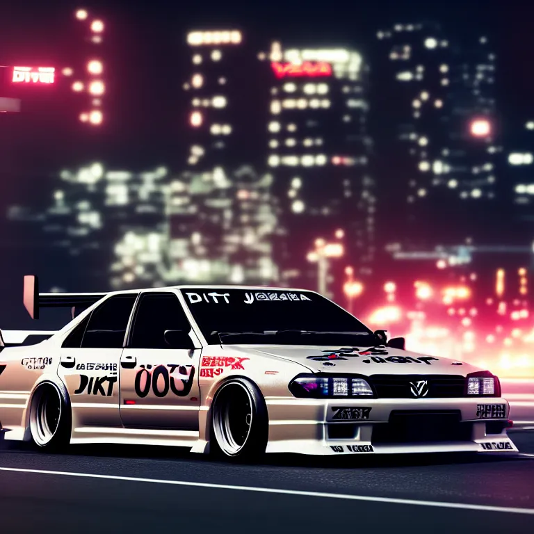 Image similar to Toyota JZX100 Drift, detailed-wheels, Shibuya prefecture, cinematic lighting, photorealistic, night photography, octane render