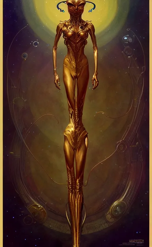 Image similar to exquisite imaginative alien creature poster art, humanoid, gold, movie art, by lucusfilm, weta studio, tom bagshaw, james jean, frank frazetta alphonso mucha, norman rockwell, giu, moebius, 8 k, denoised