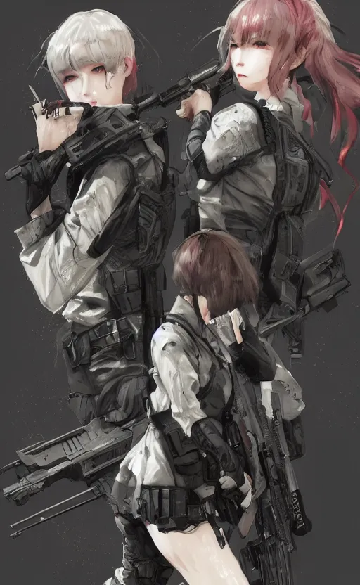 Prompt: highly detailed, high resolution, character design art, stunning, volumetric lightning, realistic guns, girls frontline style, matte, sharp focus, intricate, 150mm, illustration, artstation, by sui ishida, realistic human anatomy, simple design, realistic military gear, metal gear style